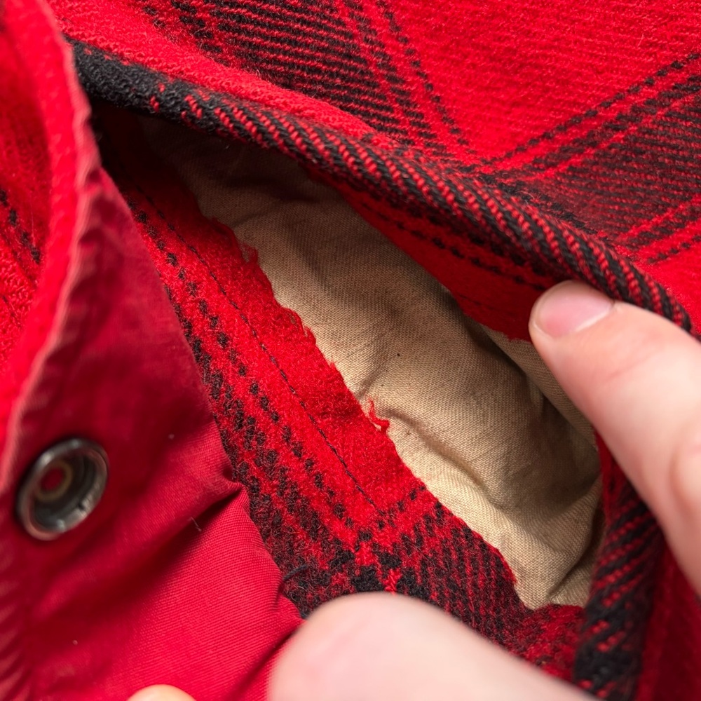 Vintage 30s Buffalo Hunting Jacket w Hood Mens Medium Red Plaid 1940s Wool Coat - Picture 14 of 16